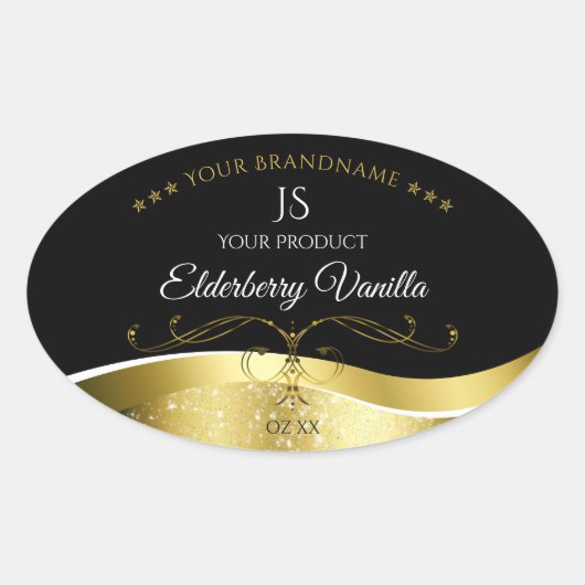 Luxuriöse Wavy Gold Dekoration dunkles Schwarz Mon Ovaler Aufkleber (Vorderseite)