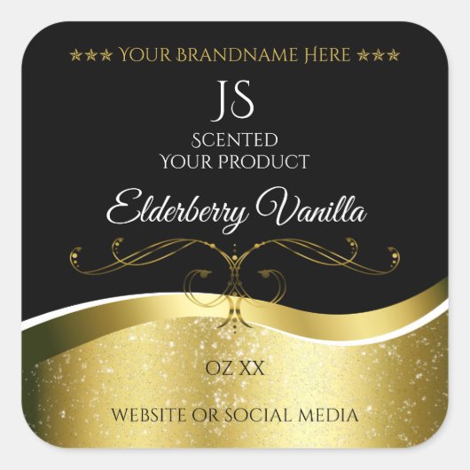 Luxuriöse Wavy Gold Dekoration dunkles Schwarz Mon Quadratischer Aufkleber (Vorderseite)