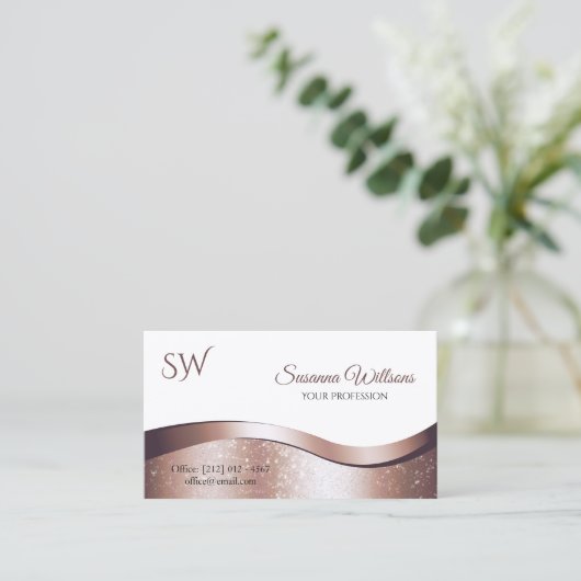 Luxuriöse Wavy Rose Gold Deco Weiß mit Monogram Visitenkarte (Stehend Vorderseite)