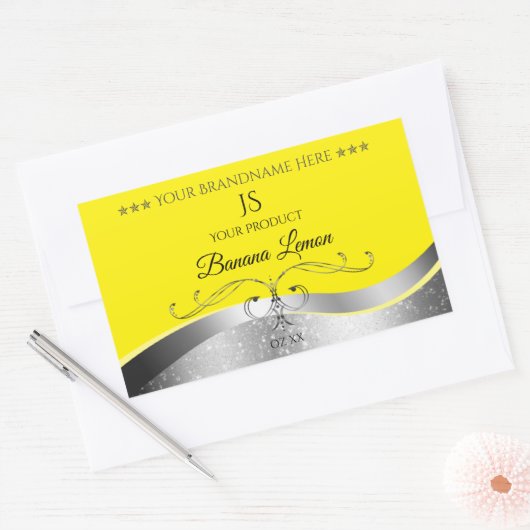 Luxuriöse Wavy Silver Decoder Gelbe Monogramm-Labe Rechteckiger Aufkleber (Umschlag)