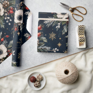 LUXURIÖSE Weihnachts-Botanical-Floral-Navy-Gold-Ve Geschenkpapier