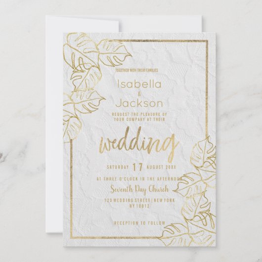 Luxuriöse, weiße goldfarbene französische Blumensp Einladung (Vorderseite)