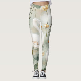 Luxuriöse weiße Schwan- und Wasserlilien-Wasserfar Leggings