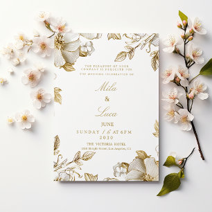 Luxuriöse weiße und goldene florale Hochzeit Einladung
