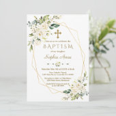 Luxuriöse White Blume Gold Cross Frame Taufe Einladung (Stehend Vorderseite)
