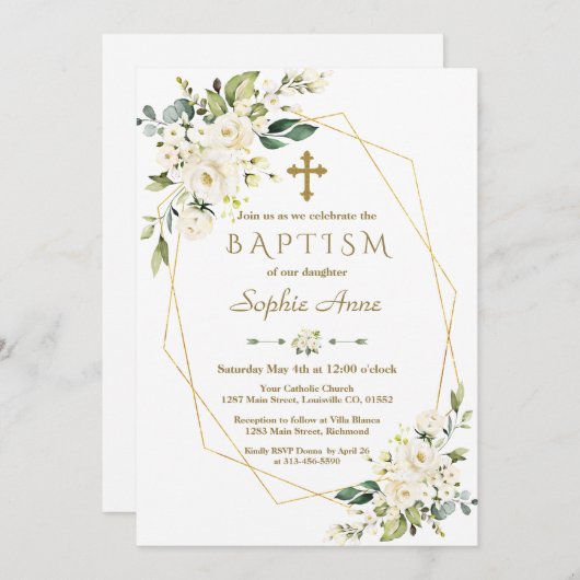Luxuriöse White Blume Gold Cross Frame Taufe Einladung (Vorne/Hinten)
