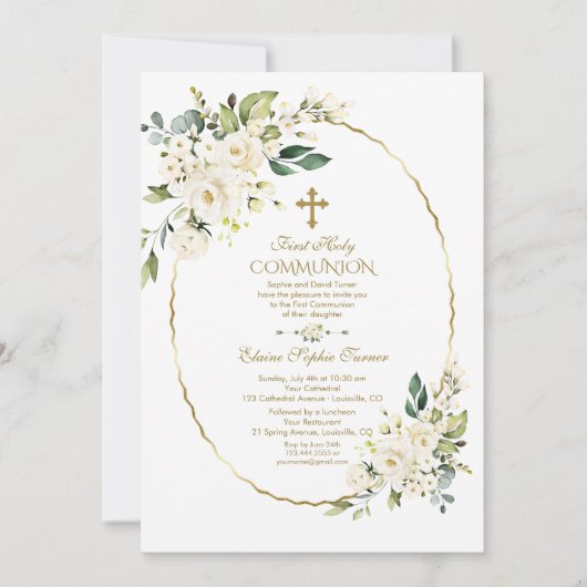 Luxuriöse White Blume Gold Erste Heilige Kommune Einladung (Vorderseite)