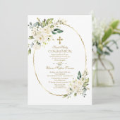Luxuriöse White Blume Gold Erste Heilige Kommune Einladung (Stehend Vorderseite)