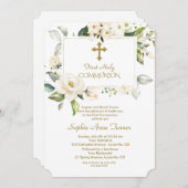 Luxuriöse White Blume Gold Erste Heilige Kommune Einladung (Vorne/Hinten)