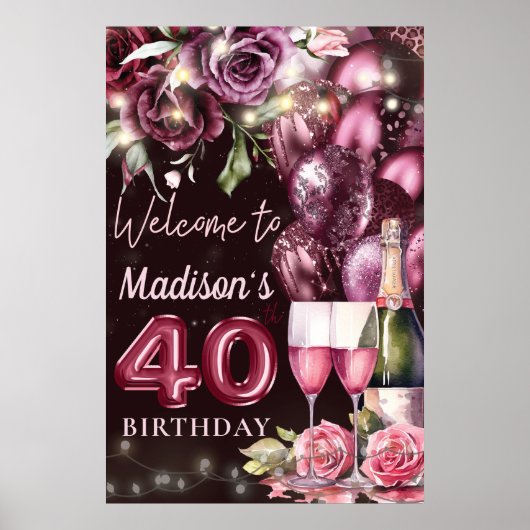 Luxuriöse Wine Magenta 40. Geburtstag Begrüßungsze Poster (Vorne)