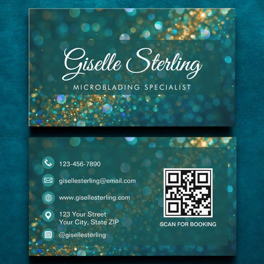 Luxuriöser Aquamarin Gold Glitzer Microblading QR Visitenkarte
