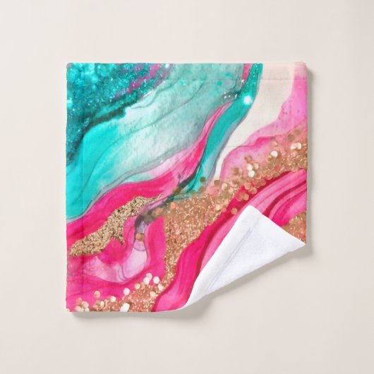 Luxuriöser Aquamarin Pink Gold Glitzer Badhandtuch Set (Waschlappen)
