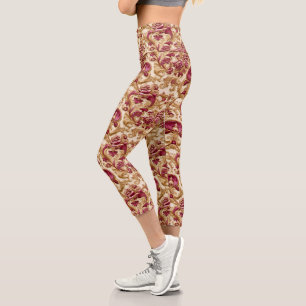 Luxuriöser Barock-Blumen Gold und Burgund Capri Leggings