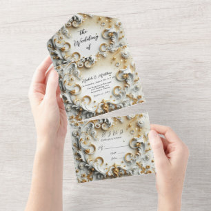 Luxuriöser Barockstil Weißgold-Hochzeit All In One Einladung
