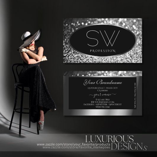 Luxuriöser Black Silver Sparkle Glitzer mit Monogr Visitenkarte