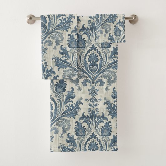 Luxuriöser Blue Damask auf Cream Background Badhandtuch Set (Insitu)