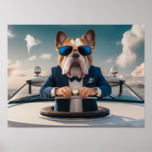 Luxuriöser Bulldog auf Privatyacht mit Champagner Poster (Vorne)