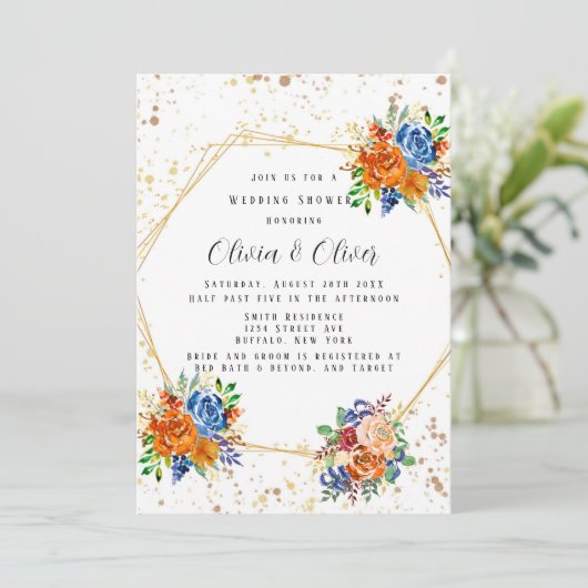 Luxuriöser Glitzer Blue Orange Blumenstrauß Polter Einladung (Stehend Vorderseite)