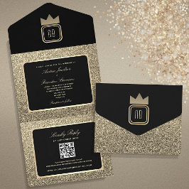 Luxuriöser Gold Glitzer und Black Wedding All In One Einladung