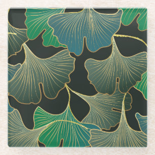 Luxuriöser goldener Ginkgo, Vintage-Kunst. Glasuntersetzer