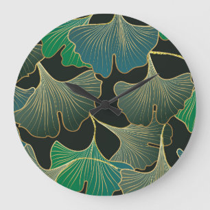Luxuriöser goldener Ginkgo, Vintage-Kunst. Große Wanduhr