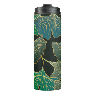Luxuriöser goldener Ginkgo, Vintage-Kunst. Thermosbecher