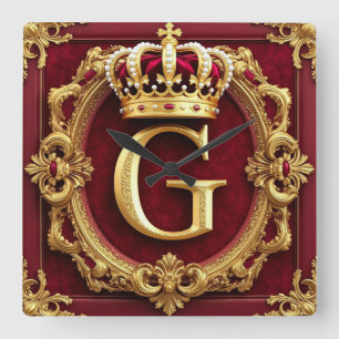 Luxuriöser Goldrahmen mit gekröntem Monogramm Quadratische Wanduhr