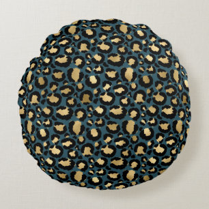 Luxuriöser Leopard Spots Dark Blue Wild Glam Rundes Kissen