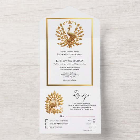 Luxuriöser Pfauengold weißer, eleganter Vogel Indi All In One Einladung (Innen Boden)