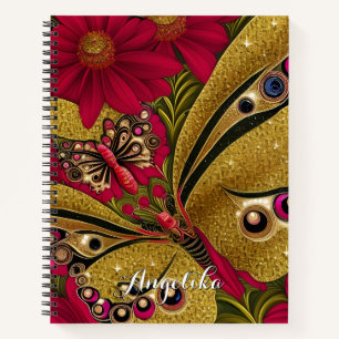 Luxuriöser Red and Gold Butterfly Individuelle Nam Notizblock