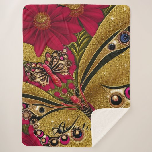 Luxuriöser Red and Gold Butterfly Individuelle Nam Sherpadecke (Vorderseite)