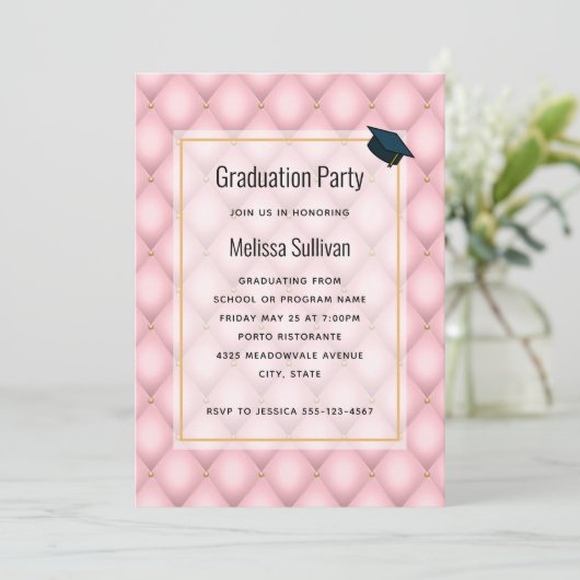 Luxuriöser rosa Tufed Diamond Pattern Abschluss Einladung (Stehend Vorderseite)