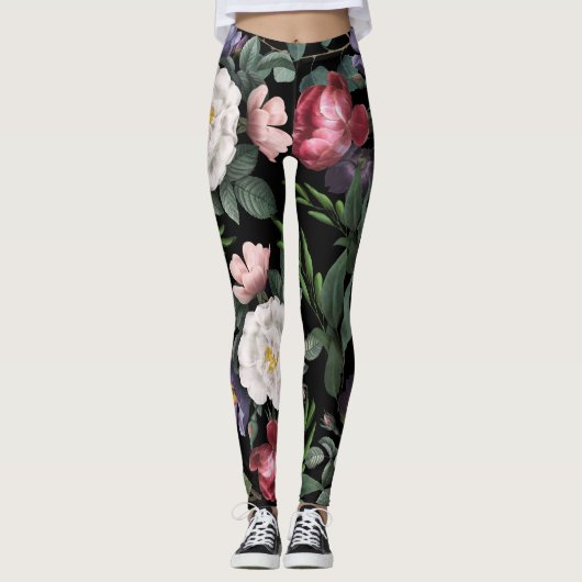 Luxuriöser Rose Garten Nachtgarten Blume Leggings (Vorderseite)