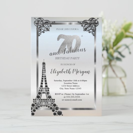 Luxuriöser Schwarzer Eiffelturm, Grenze 70. Geburt Einladung (Stehend Vorderseite)