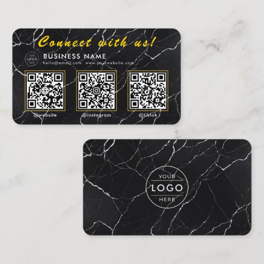 Luxuriöser schwarzer Marmor 3 QR-Code Multi-Social Visitenkarte (Vorne/Hinten)