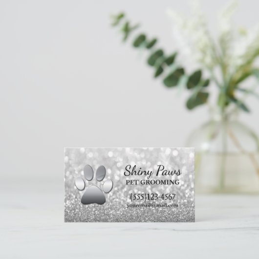Luxuriöser Silber Glitzer Dog Paw Pet Grooming Ser Visitenkarte (Stehend Vorderseite)