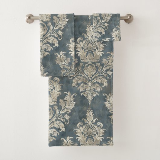 Luxuriöser SilberDamast auf blauem Hintergrund Badhandtuch Set (Insitu)