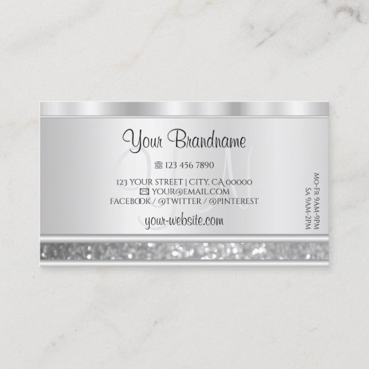 Luxuriöser Silver Sparkling Glitzer mit Monogram Visitenkarte (Rückseite)