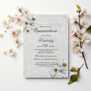 Luxuriöser weißer Glitzer mit Blumen Quinceañera Einladung