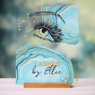 Luxuriöses Aquamarines Gold-Marmor Lash Extension Acrylschild