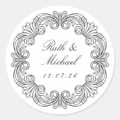 Luxuriöses Barockrollen - Name und Datum der Hochz Runder Aufkleber (Vorderseite)