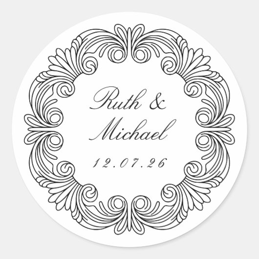 Luxuriöses Barockrollen - Name und Datum der Hochz Runder Aufkleber (Vorderseite)