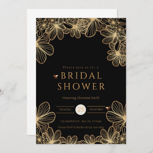 Luxuriöses Black and Gold Brautparty Einladung (Vorne/Hinten)
