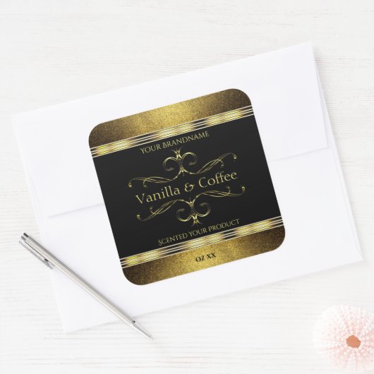 Luxuriöses Black Gold Glitzer Borders Product Labe Quadratischer Aufkleber (Umschlag)