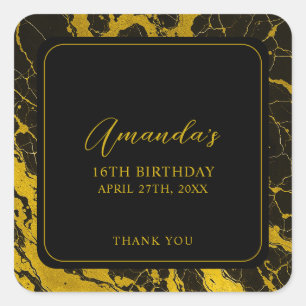Luxuriöses Black & Gold Marmor Sweet 16 Geburtstag Quadratischer Aufkleber