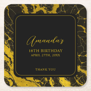 Luxuriöses Black & Gold Marmor Sweet 16 Geburtstag Rechteckiger Pappuntersetzer