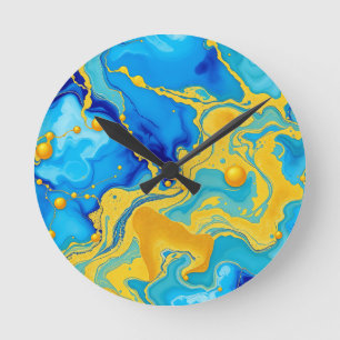 Luxuriöses Blau- und Gold-Alkohol-Tinten-Abstrakt  Runde Wanduhr