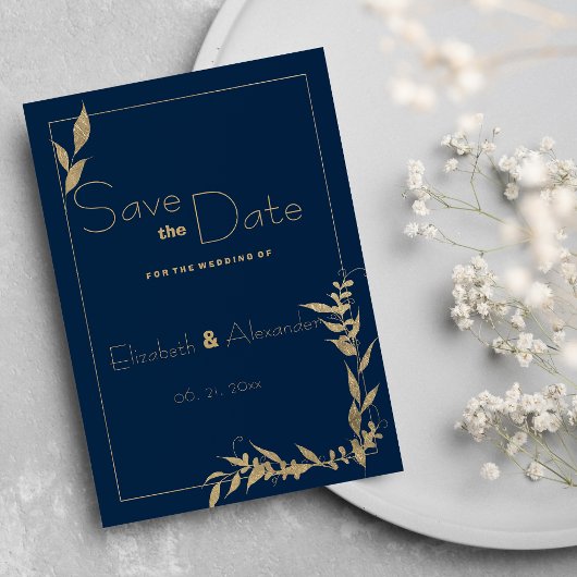 Luxuriöses blaues Blattgold Save the Date Einladung