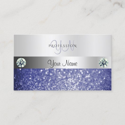 Luxuriöses Blue Glitzer Monogram Shimmery Silver Visitenkarte (Vorderseite)
