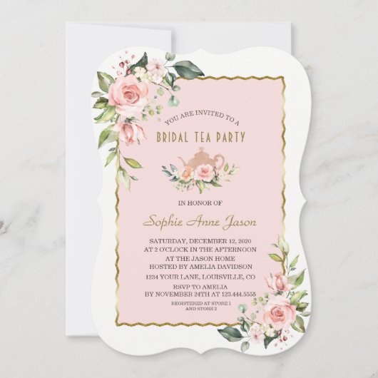 Luxuriöses Blush Floral Gold Rahmen Bridal Tee Par Einladung (Vorderseite)